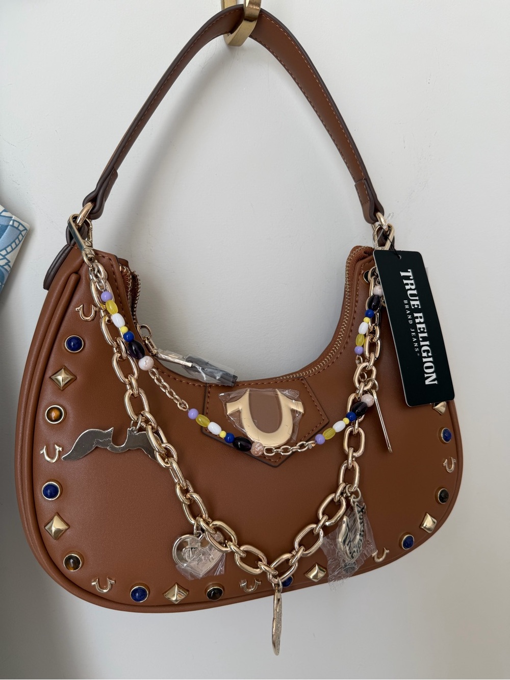 True Religion Brown gold stud stone accent Shoulder Bag Gold beaded bag charms